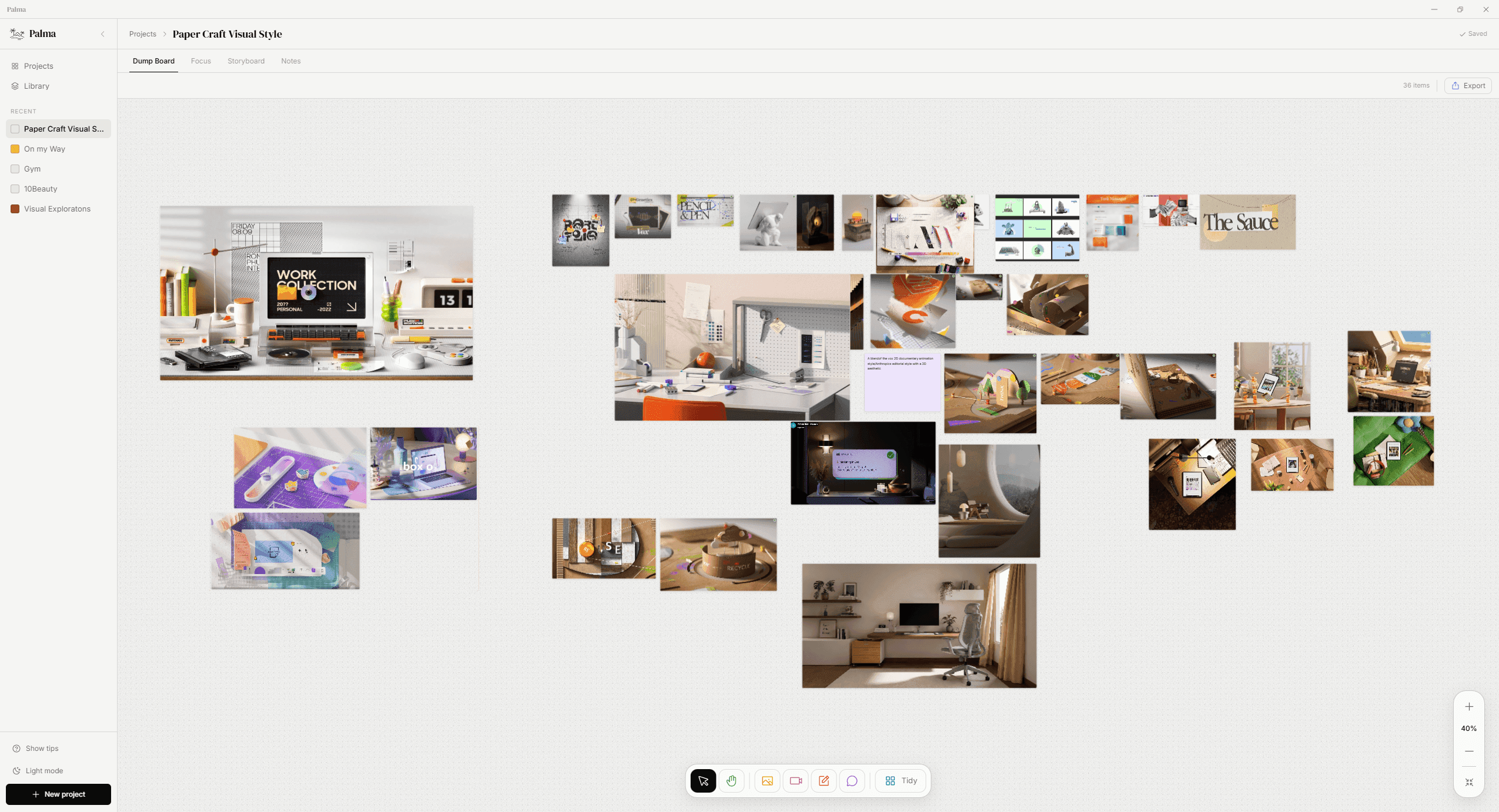 Palma Canvas: a project's references spread across an infinite Dump Board